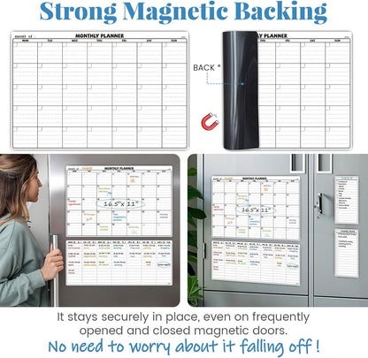 JJPRO Magnetic Dry Erase Calendar for Refrigerator-Reusable Monthly Calendar Starts Monday,Weekly Planner&to Do List for Fridge-Magnetic Monthly,Weekly Planner&List 2pcs-16.5x11"