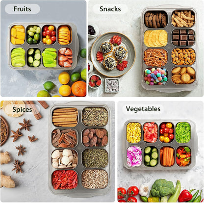 Snackle Box Container, Stainless Steel Divided Serving Tray with Lid and Handle, 8 Compartment Portable Snack Platters - Clear Storage Organizer for Fruit Candy Nuts Veggie - Perfect for Travel Party