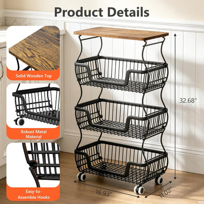2 Pack 3-Tier Rolling Kitchen Storage Cart Fruit Basket Stand for Vegetables & Snacks Stackable Wire Pantry Floor Organizer with Wheels for Kitchen, Living Room, Bedroom, Office (Black)