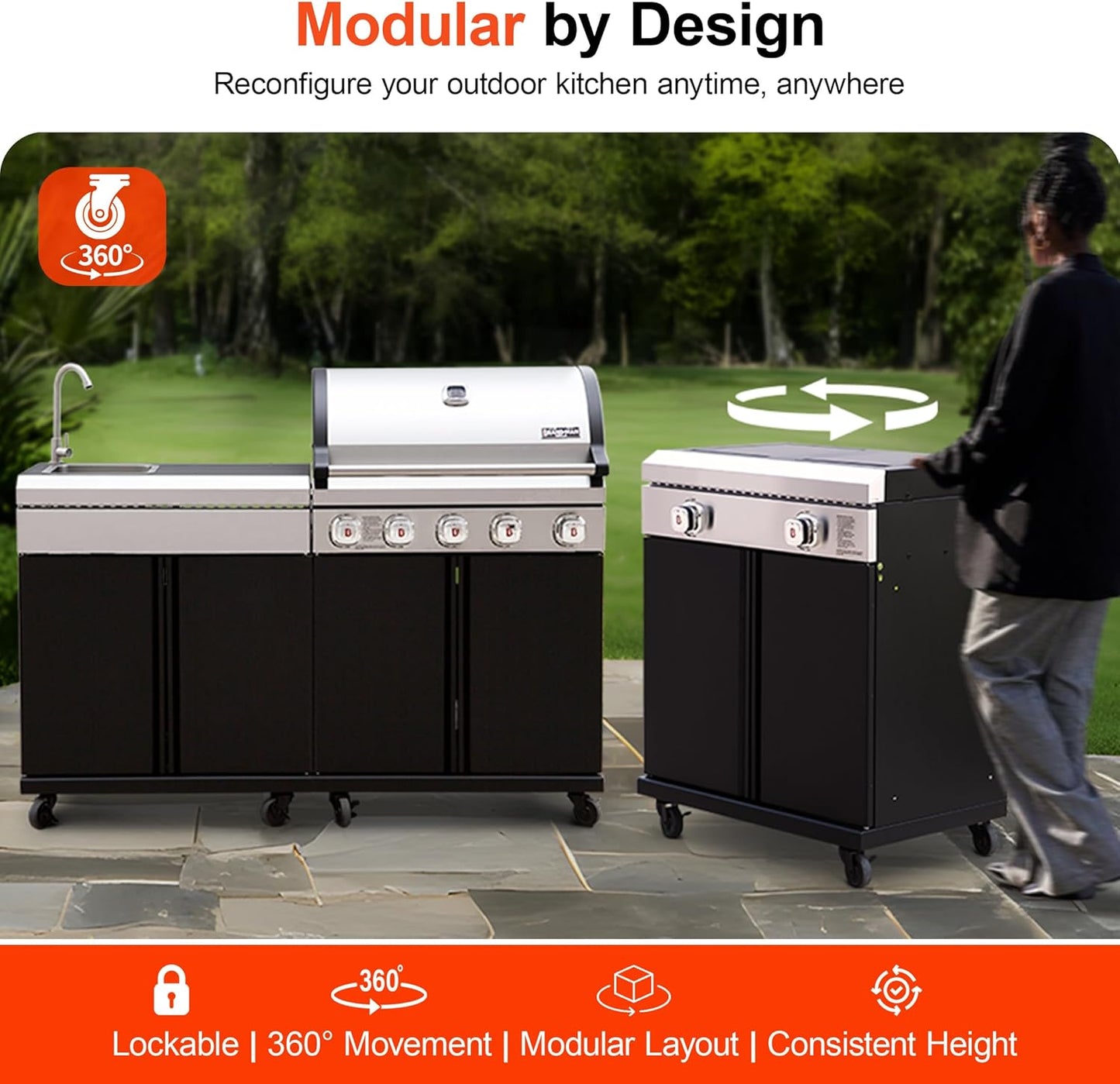 Brand-Man Outdoor Kitchen Island – 5-Burner Gas Grill & Griddle Combo with 800°C Infrared Sear Zone, Dual-Zone Cooktop, Sink & Storage, 995 sq.in Cooking Area, 67,000 BTU Stainless Steel BBQ Station