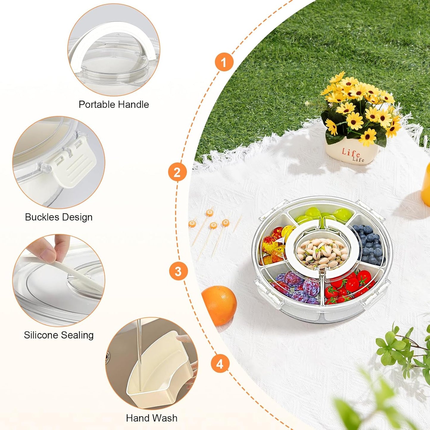 Snackle Box Container, 360° Rotating Divided Serving Tray with Lid and Handle, Portable Snackle Box Veggie Tray, Round Snack Box Container, Large Snacklebox Fruit Candy Organizer for Party Picnic