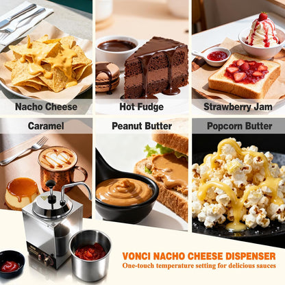 VONCI Nacho Cheese Dispenser, 2.8 Qt（2.5L） Nacho Cheese Warmer with Plastic Pump, Hot Fudge Dispenser with 6-Level Temperature Adjustment, Commercial Cheese Dispenser for Hot Fudge Cheese Caramel
