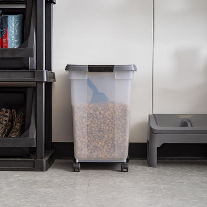 IRIS USA Airtight Dog Food Storage Container, WeatherPro, Up to 25 lbs, Removable Wheels, for Dog Cat Bird and Other Pet Food Storage Bin, Keep Fresh, Translucent Body, Made in USA, Clear/Black