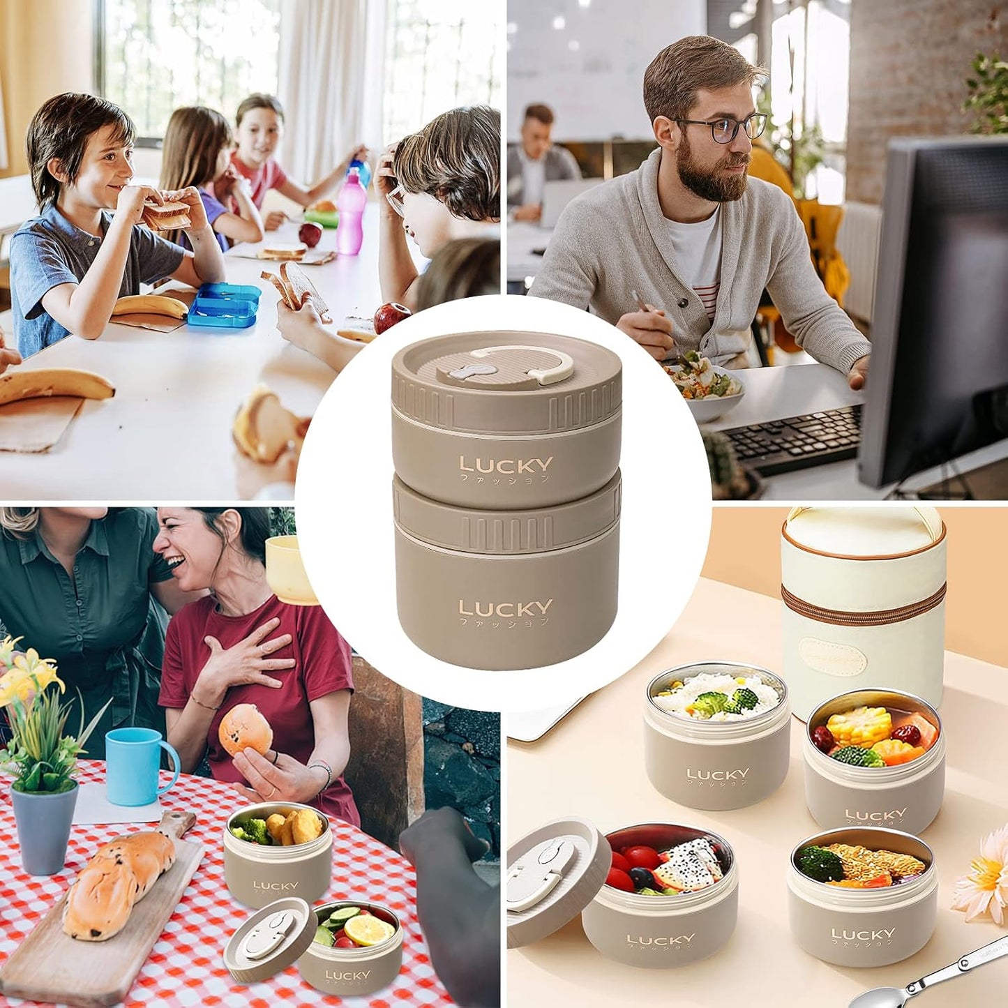 3 Compartments Bento Lunch box with Soup Bowl, Insulated Lunch Bag and Portable Utensils, Stainless Steel Camera Lunch Containers，Leak Proof Bento Box for Kids Adults Men Women…