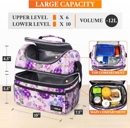 opux Insulated Lunch Bag for Men Women, Double Decker Leakproof Lunch Box Cooler Tote with Shoulder Strap, Large Lunchbox for Work School Travel Meal Prep, Adults Kids Boys Girls, Green, 16 Cans