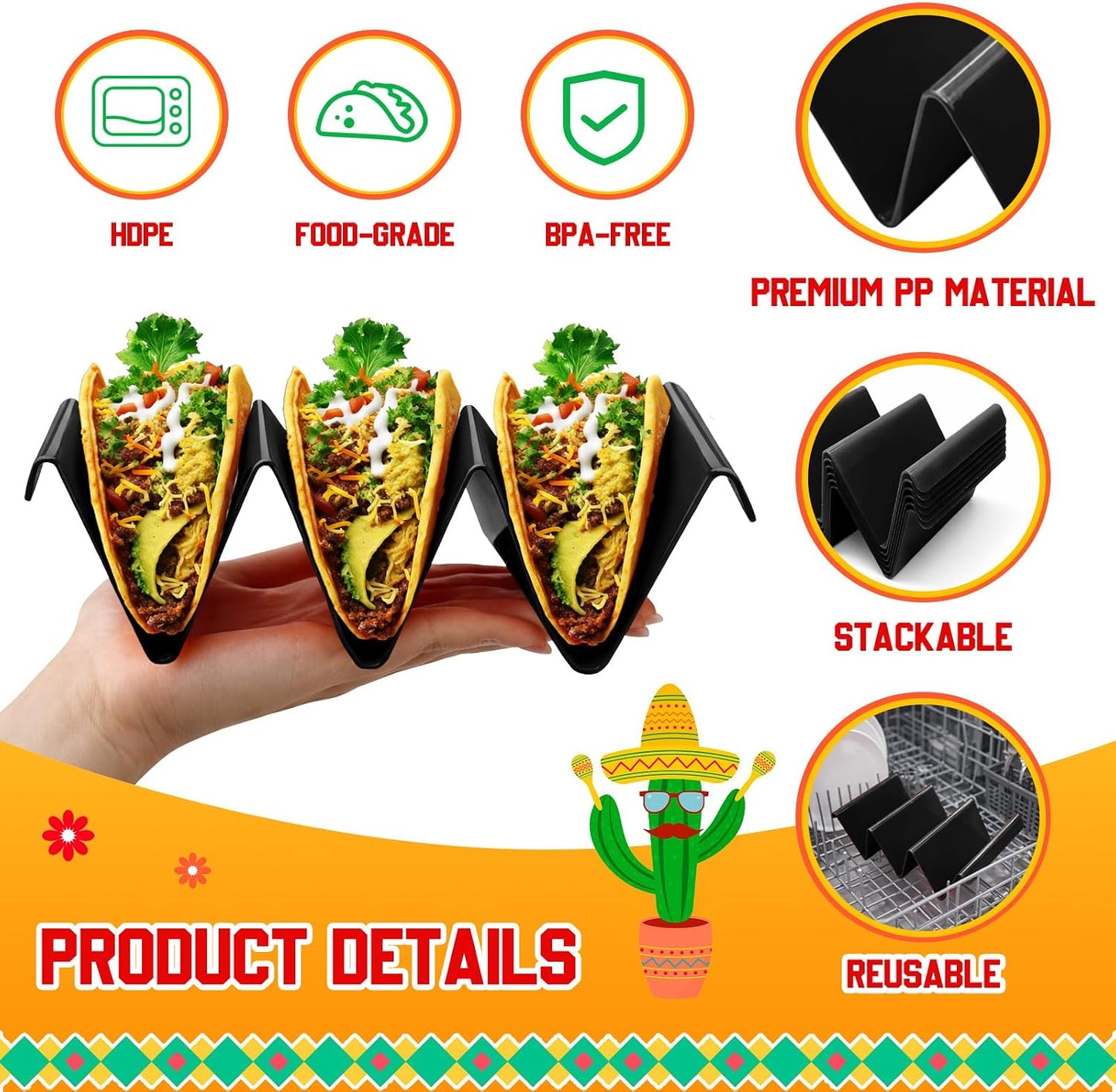 6 Pcs Taco Holder Stands Taco Tuesday Set, Holds Up to 3 Tacos, Premium PP Material Sturdy and Durable, Microwave or Dishwasher Top Rack (Yellow)
