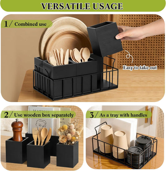 Silverware Holder for Party, Acacia Utensil Holder with 4 Removable Compartments for Countertop, Silverware Caddy Flatware Organizer Box for Utensil Spoons Forks Plate Napkin, Detachable Sevring Caddy