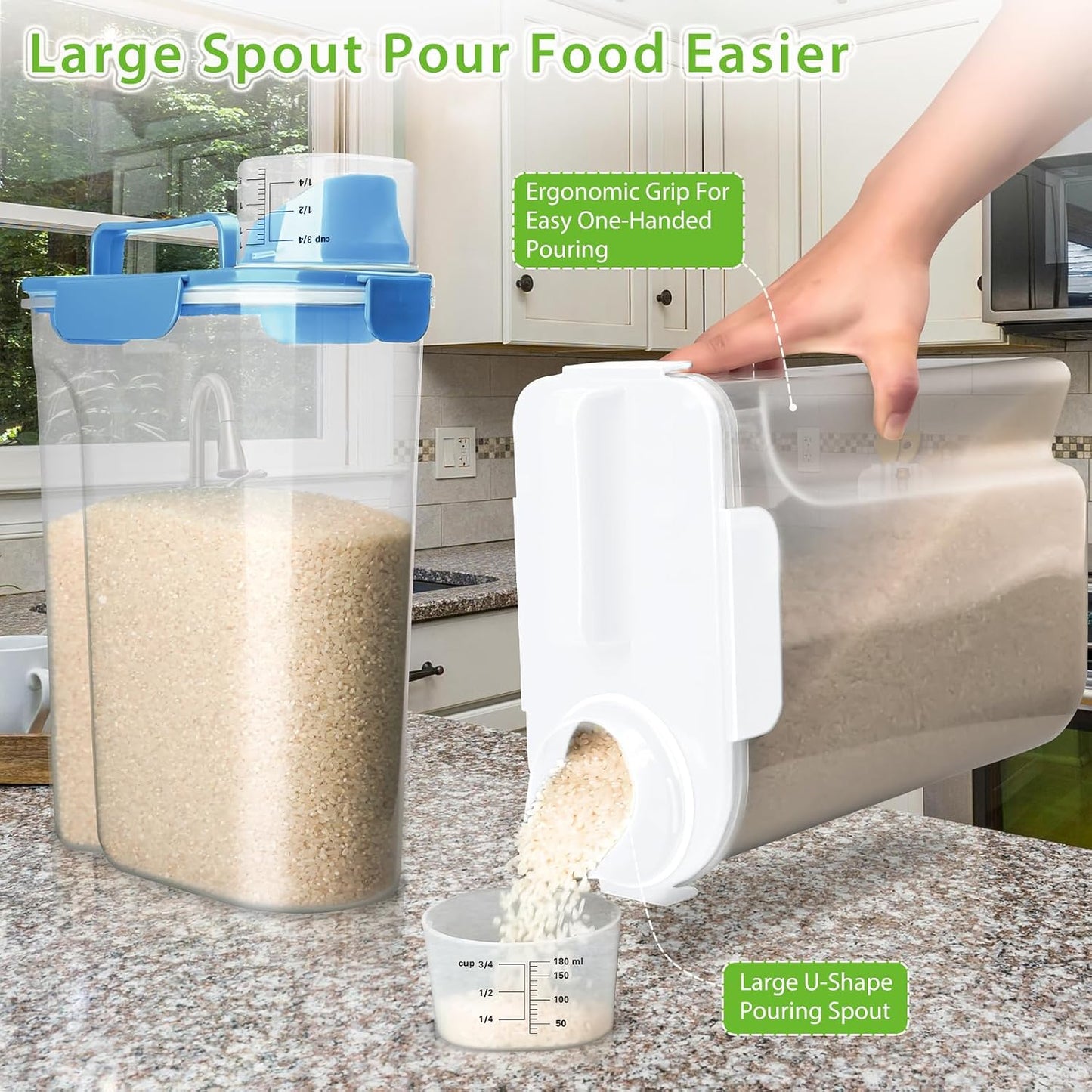 Viretec Rice Storage Container, 15 to 20lb Dry Food Airtight Dispenser, Pet Dog Cat Food Canister, BPA Free Clear Plastic Kitchen and Pantry Bin for Oatmeal, Cereal, Pasta, Flour Pack of 2 Grey