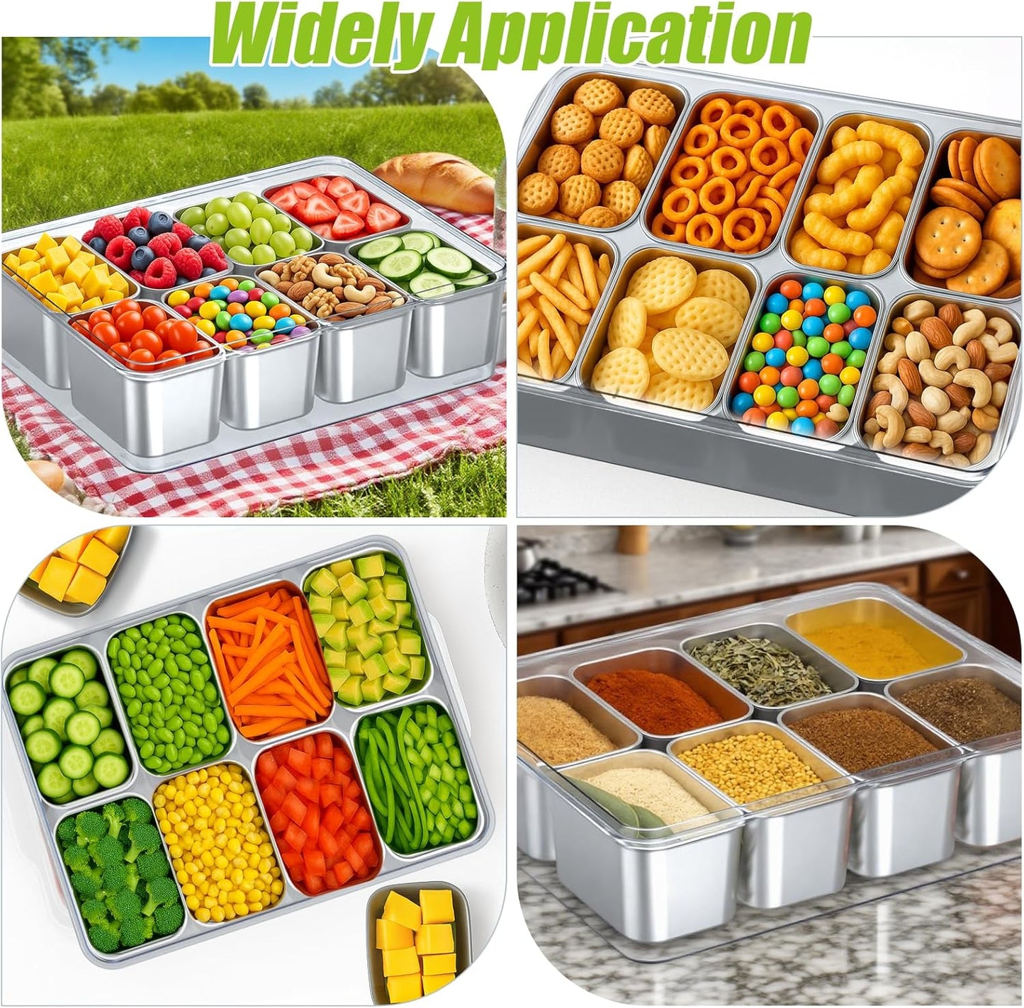 Snackle Box Container Stainless Steel - Reusable 8 Compartment Divided Serving Tray with Lid and Handle, Clear Portable Snack Containers Platters Storage Organizer for Snacks Fruit Candy Veggie Nuts