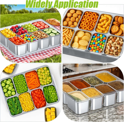 Snackle Box Container Stainless Steel - Reusable 8 Compartment Divided Serving Tray with Lid and Handle, Clear Portable Snack Containers Platters Storage Organizer for Snacks Fruit Candy Veggie Nuts