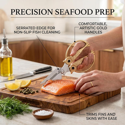 XSNBRD All Purpose Kitchen Scissors, Pearl Gold Stainless Owl Shears.