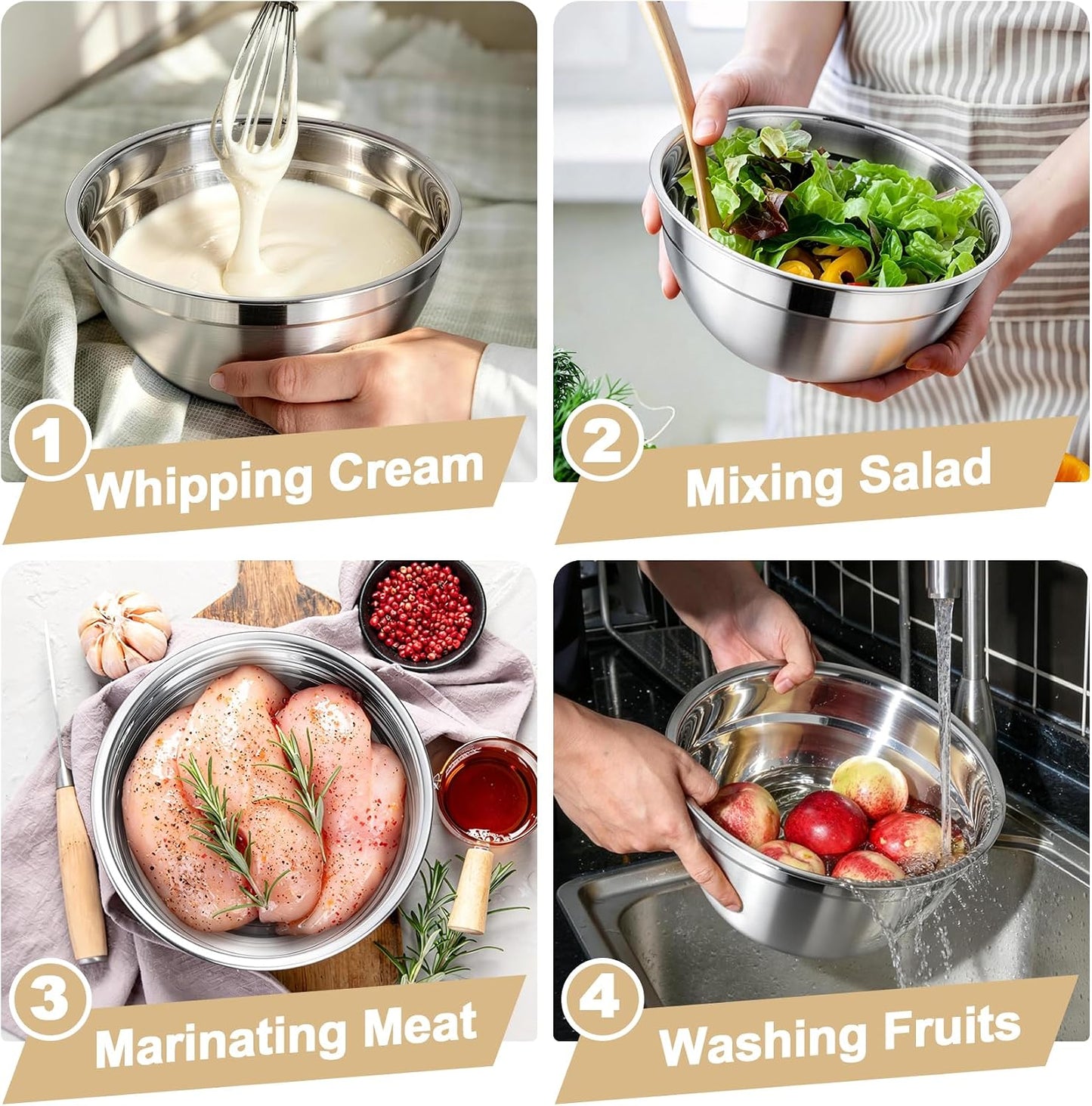 TeamFar Mixing Bowls, Stainless Steel Nesting Salad Bowls with Airtight Lids Set, For Serving/Mixing/Storing, Healthy & Long-lasting, Dishwasher Safe & Easy Clean, 4.6/3 / 1.5 QT, Colorful