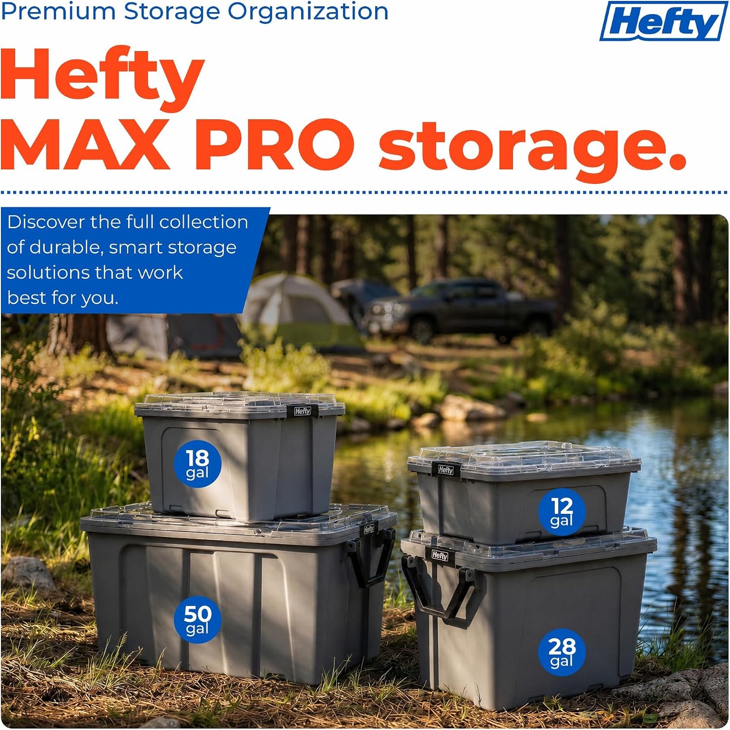 Hefty MAX Pro 12 Gallon Storage Bins with Latching Lids, Heavy Duty Stackable Plastic Storage Containers for Garage, Basement & Outdoor Use, Utility Storage Tote, 6 Pack, Gray