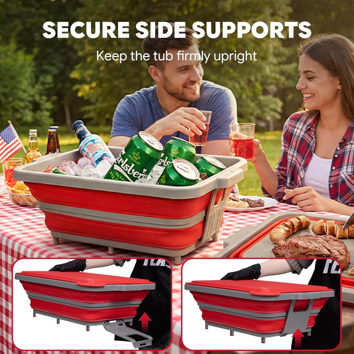 Feasto Collapsible BBQ Prep Tubs with Cutting Board, 9-IN-1, 2 Tubs Portable Grill Prep Station with Side Brackets, Lids, Knives, Meat Claws and Drain Rack, Space-Saving for Kitchen & Camping, Black