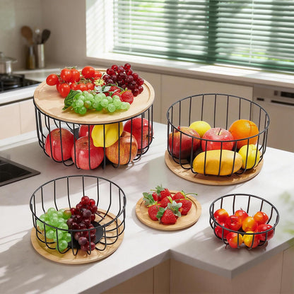 4Pcs Fruit Basket for Kitchen Counter Set, 11.9/10/8/6Inch Round Fruit Basket with Wooden Lid Countertop Bin for Produce Fruits Lemon Banana Candy Snack in Office, Black, 4 Size