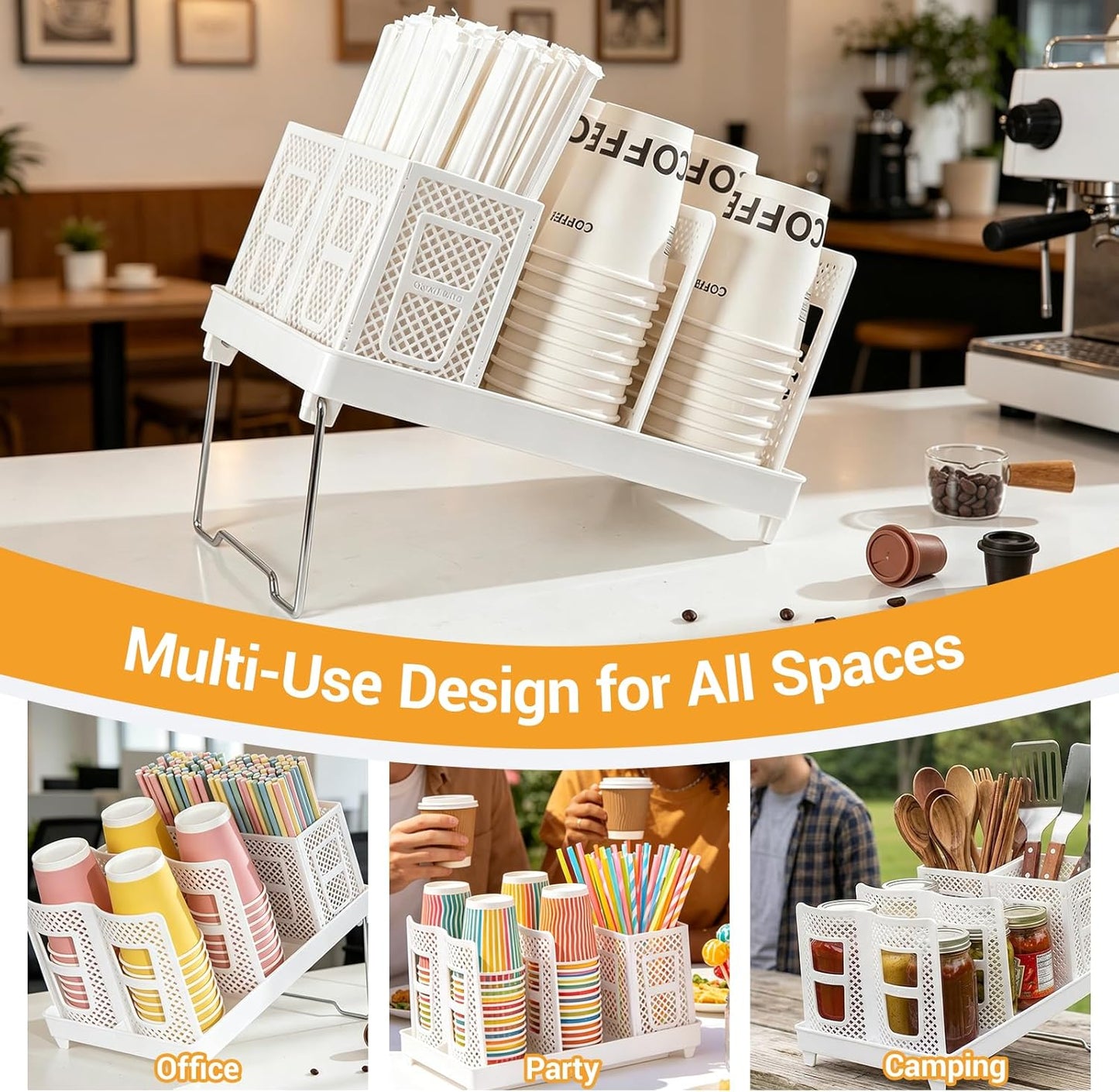 Detachable Paper Cup and Lid Holder, 6 Slots Disposable Cup Dispenser with Straw Organizer, Countertop Organizer for Coffee Station Bar Restaurant Office Breakroom (White)