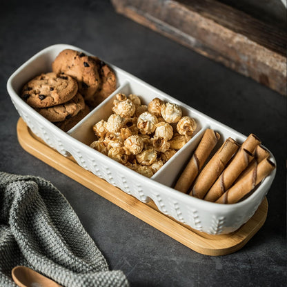 Miamolo 3 Compartment Condiment Tray, Chip and Dip Bowl with Wooden Serving Tray, Perfect for Snacks, Appetizers, Charcuterie, Chips, Candy, 10-inch Chip and Dip Serving Set for Parties