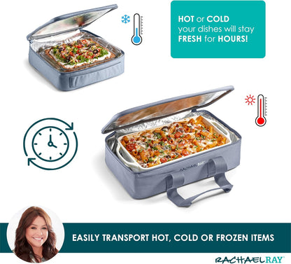 Rachael Ray Lugger Duo, Insulated Casserole Carrier for Hot or Cold Food, Thermal Lasanga Lugger Tote for Pockluck, Parties, Picnic, and Cookouts, Fits 9" x 13" Baking Dish, Sea Salt Grey