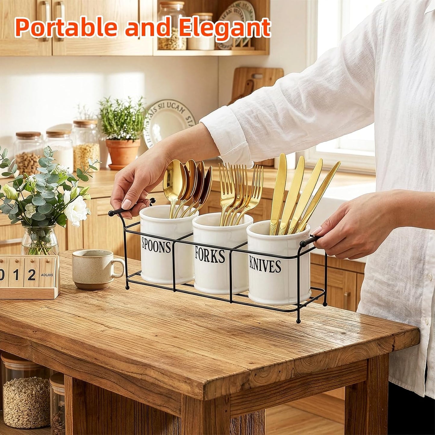 Bekith 3-Piece White Ceramic Silverware Caddy with Black Metal Rack, Utensil Holder Flatware Caddy Cutlery Storage Organizer for Kitchen Table, Cabinet or Pantry