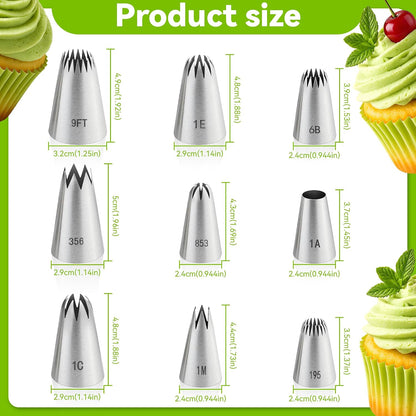 9PCS Large Piping Tips Set, Stainless Steel Cake Decorating Tips, Pastry Cake Decorating Tips Baking Tools for Baking Cupcakes, Cake Decorating