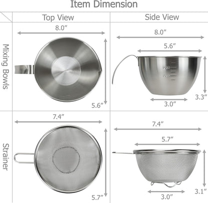 EIKS Stainless Steel Mixing Bowls with Strainers for Mixing Batter Egg Cream & Washing Draining Fruit Rice Beans Grains, Capacity of Bowl is 1000ml/1-Quart