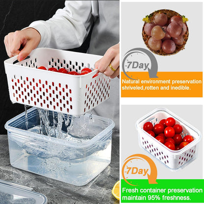 3Pack Fridge Food Storage Container Set with Lids with Strainer,Plastic Fresh Produce Saver Vegetable Fruit Meat Storage Organization, BPA-Free Plastic Produce Keepers(3.15L+1.7L+0.8L)