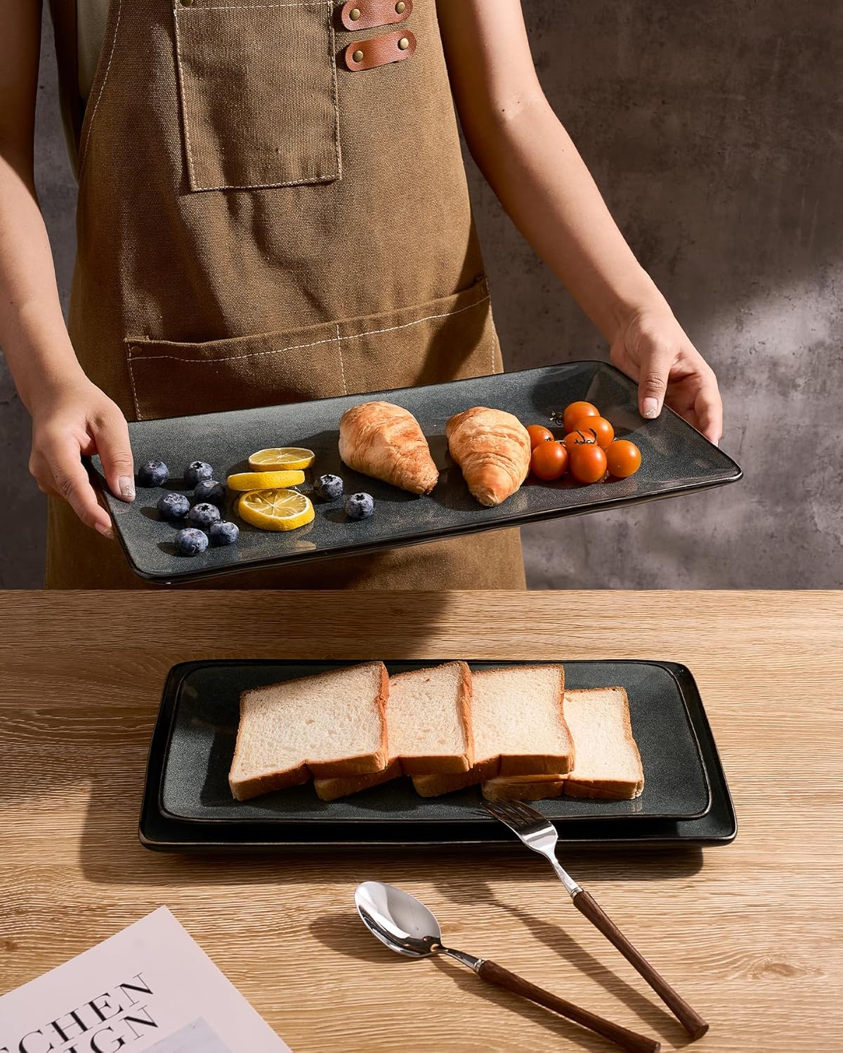 Famiware Serving Platter, Rectangular 15.67/14.1/12.6inch Serving Dishes for Entertaining, Microwave Dishwasher Safe, Stoneware Serving Trays for Party, Turkey, Cheese, Ocean Series, Cappuccino White