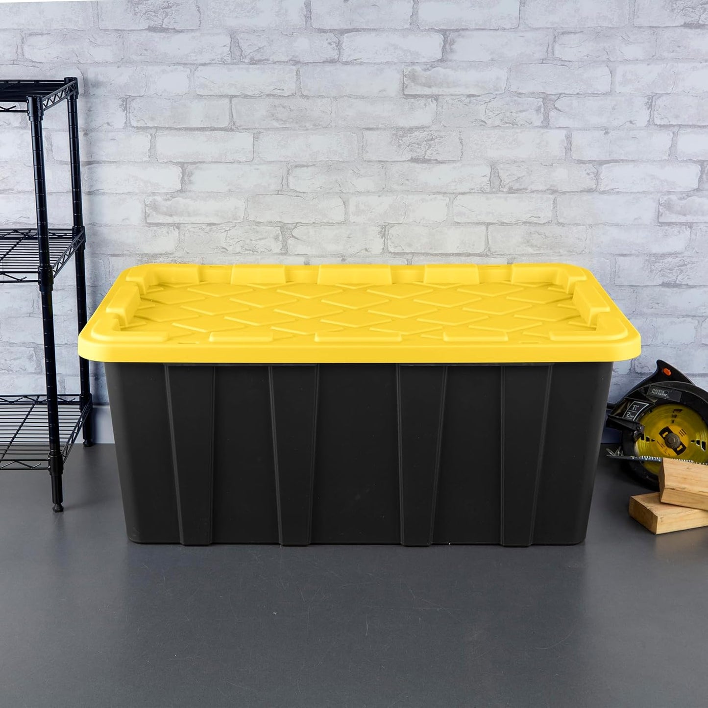 Sterilite 4-Pack 27 Gallon Industrial Storage Tote, Heavy-Duty Plastic Bins, Black/Yellow - Stackable Utility Organizers with Lids for Garage, Camping Tools, and Outdoor Gear