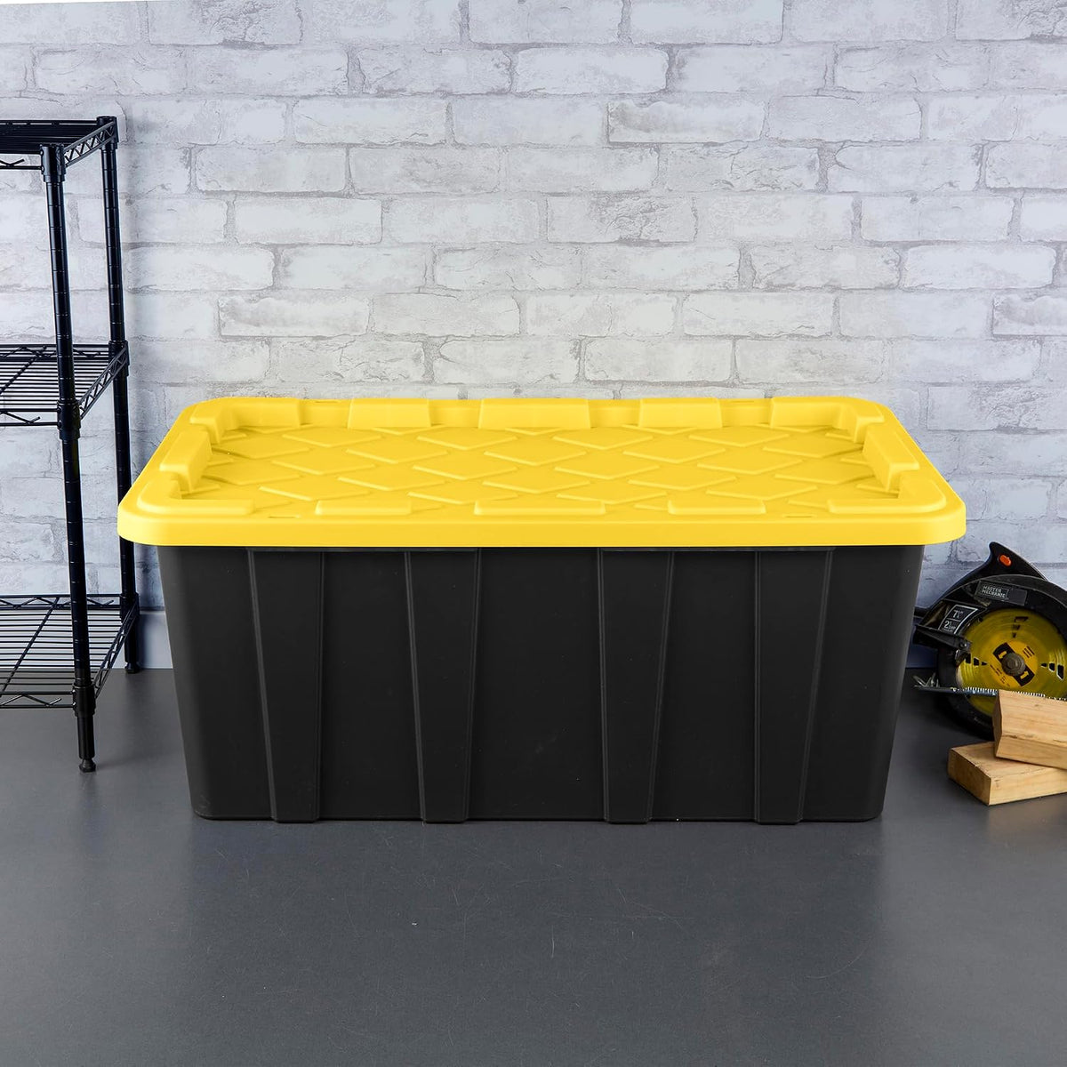 Sterilite 4-Pack 27 Gallon Industrial Storage Tote, Heavy-Duty Plastic Bins, Black/Yellow - Stackable Utility Organizers with Lids for Garage, Camping Tools, and Outdoor Gear