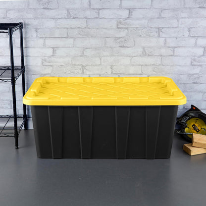 Sterilite 4-Pack 27 Gallon Industrial Storage Tote, Heavy-Duty Plastic Bins, Black/Yellow - Stackable Utility Organizers with Lids for Garage, Camping Tools, and Outdoor Gear