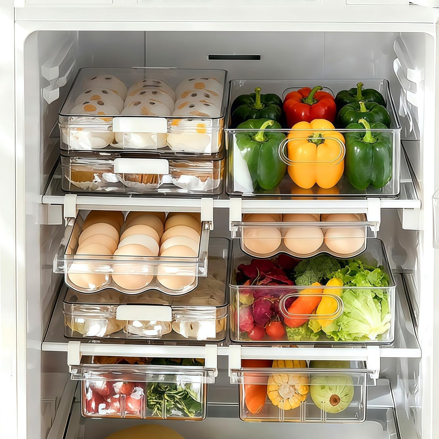 Refrigerator Organizers Storage Fridge Drawer - Pull Out Clear Storage Containers with Handle for Fruit,Deli,Cheese,Seafood,Plastic Organizer Bins Fit for Medium Refrigerator Shelf,Simple Use(2 Pack)