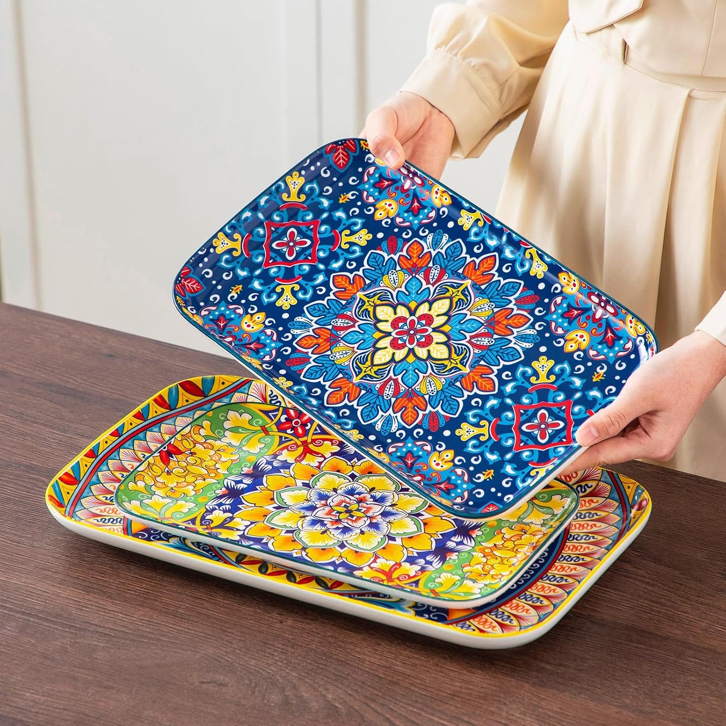 vancasso Serving Platters Set of 3, 16"/14"/12" Inch Rectangular Trays - Serving Platter Extra Large, Ceramic Bohemian Serving Dish for Entertaining Food, Microwave & Dishwasher Safe, Colorful