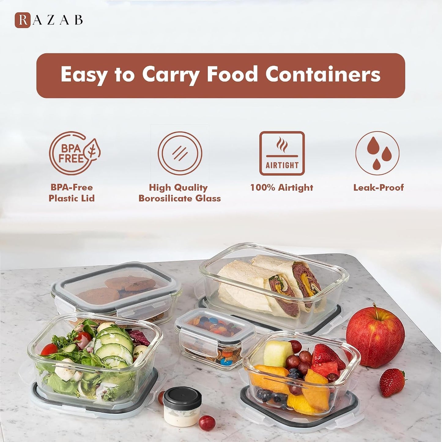 Razab 35 Pc Set Glass Food Storage Containers with Lids - Meal Prep Airtight Bento Boxes BPA-Free 100% Leak Proof (15 lids,15 glass & 5 Plastic Sauce/Dip Containers)