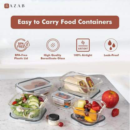 Razab 35 Pc Set Glass Food Storage Containers with Lids - Meal Prep Airtight Bento Boxes BPA-Free 100% Leak Proof (15 lids,15 glass & 5 Plastic Sauce/Dip Containers)