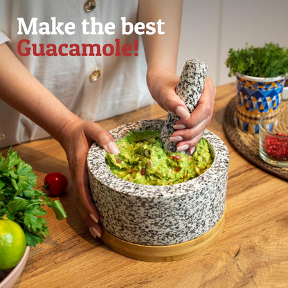 PriorityChef Heavy Duty Mortar and Pestle Set with Bamboo Base, 100% Natural Granite Stone Grinder, Guacamole Bowl and Masher, 1.5 Cups, Black