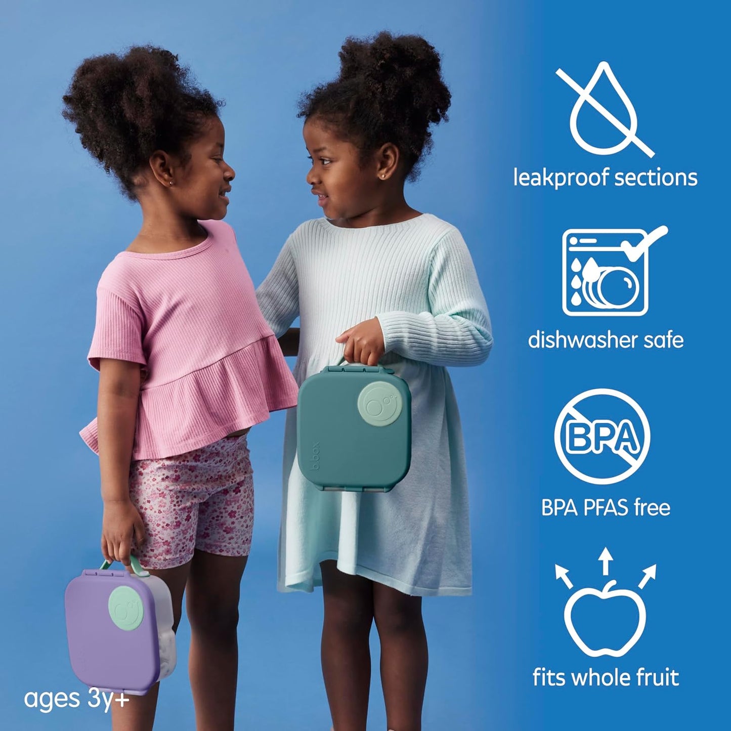 b.box Mini Lunch Box 2-Pack, Leak Proof Bento Box for Kids, 3 Compartment Snack Containers Ages 3+, Lunchbox for Daycare + School, Dishwasher Safe, BPA-Free, PFAS-Free, 4.25 Cup - Blue + Green