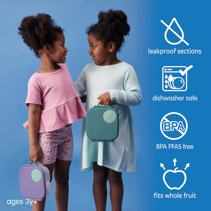 b.box Mini Lunch Box 2-Pack, Leak Proof Bento Box for Kids, 3 Compartment Snack Containers Ages 3+, Lunchbox for Daycare + School, Dishwasher Safe, BPA-Free, PFAS-Free, 4.25 Cup - Blue + Green