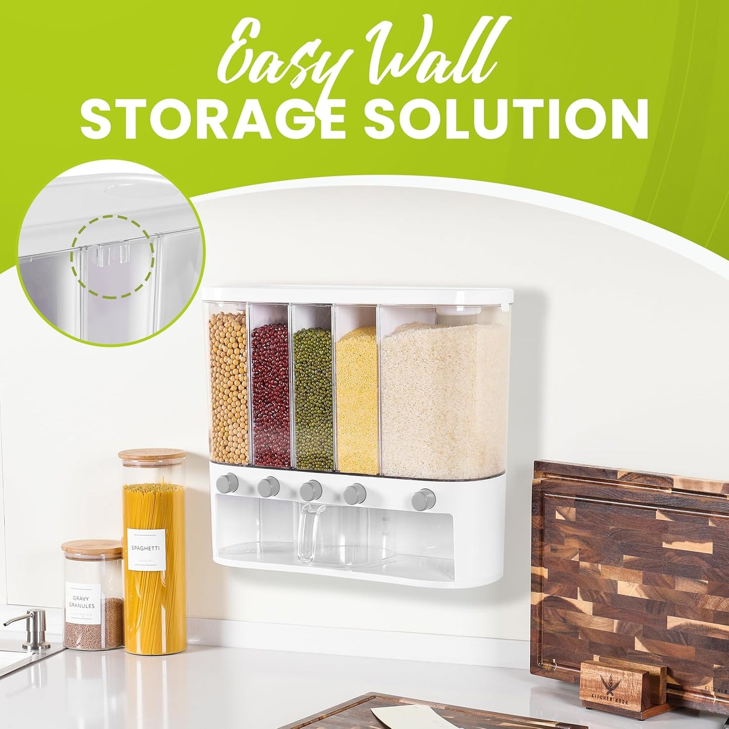 Wall Mounted Dry Food Dispenser with Individual Containers and Removable Walls for Rice, Beans, small grains, Lentils for Pantry and Kitchen Storage with Measuring Cup – 5 Grids