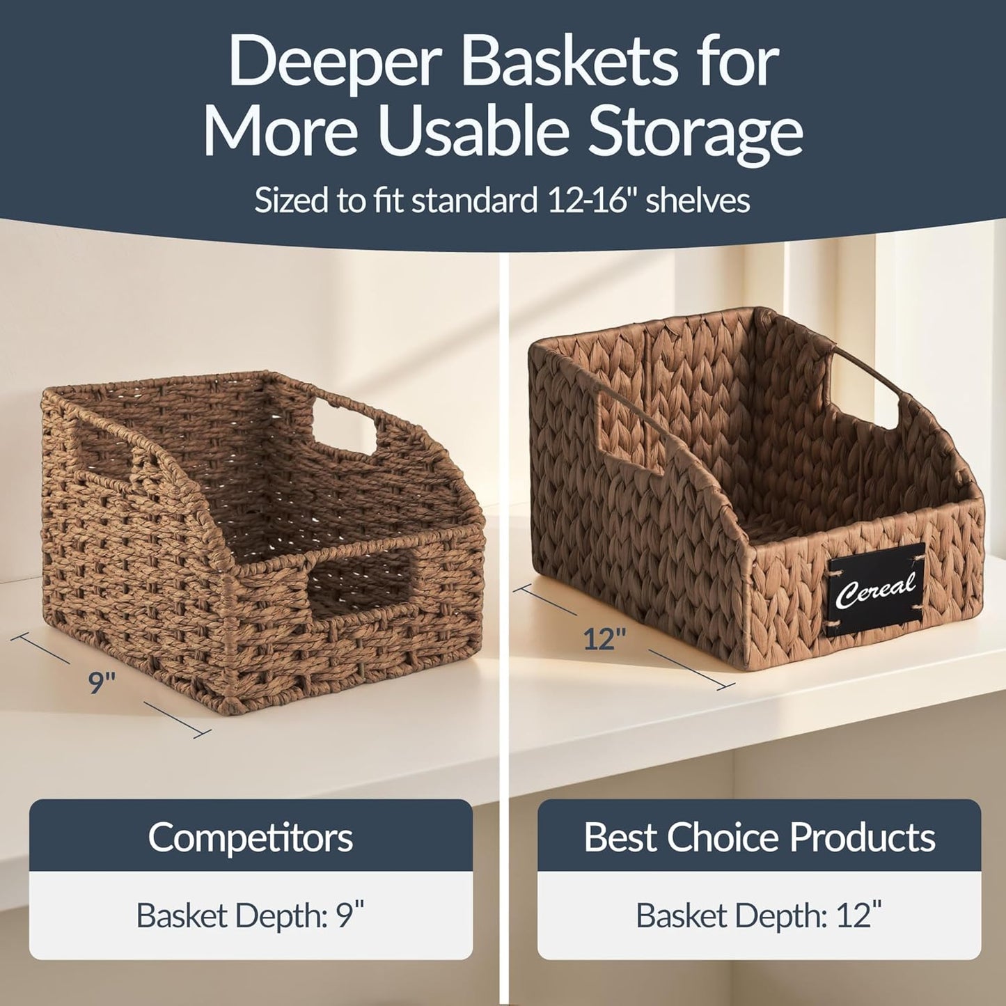 Best Choice Products Water Hyacinth Pantry Storage Baskets, Wicker Baskets w/Built-in Handles, Handwoven Shelf Baskets for Organizing, Pantry Organizers and Storage, 3-Pack - Chestnut
