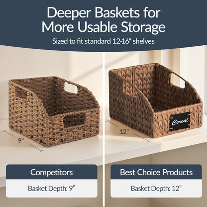 Best Choice Products Water Hyacinth Pantry Storage Baskets, Wicker Baskets w/Built-in Handles, Handwoven Shelf Baskets for Organizing, Pantry Organizers and Storage, 3-Pack - Chestnut