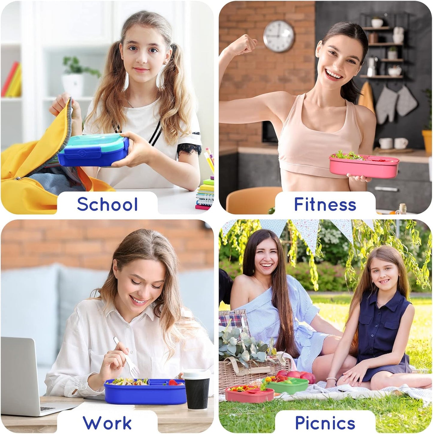 Lunch Box Kid Adult Bento Box, 4-Compartment Food Lunch Containers with Fork & Spoon, BPA Free, Leak-Proof Bento-Style Lunch Box for Work School, Microwave & Dishwasher Safe (Candy)