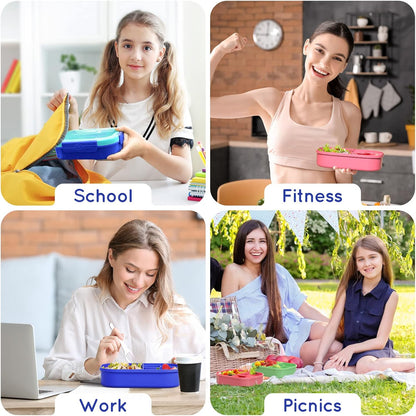 Lunch Box Kid Adult Bento Box, 4-Compartment Food Lunch Containers with Fork & Spoon, BPA Free, Leak-Proof Bento-Style Lunch Box for Work School, Microwave & Dishwasher Safe (Candy)
