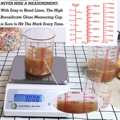 3 Piece Glass Measuring Cup Set, Includes 1/2-Cup, 1-Cup, and 2-Cup High Borosilicate Glasss Liquid Measuring Cups, Dishwasher, Freezer, Microwave, and Preheated Oven Safe, Essential Kitchen Tools