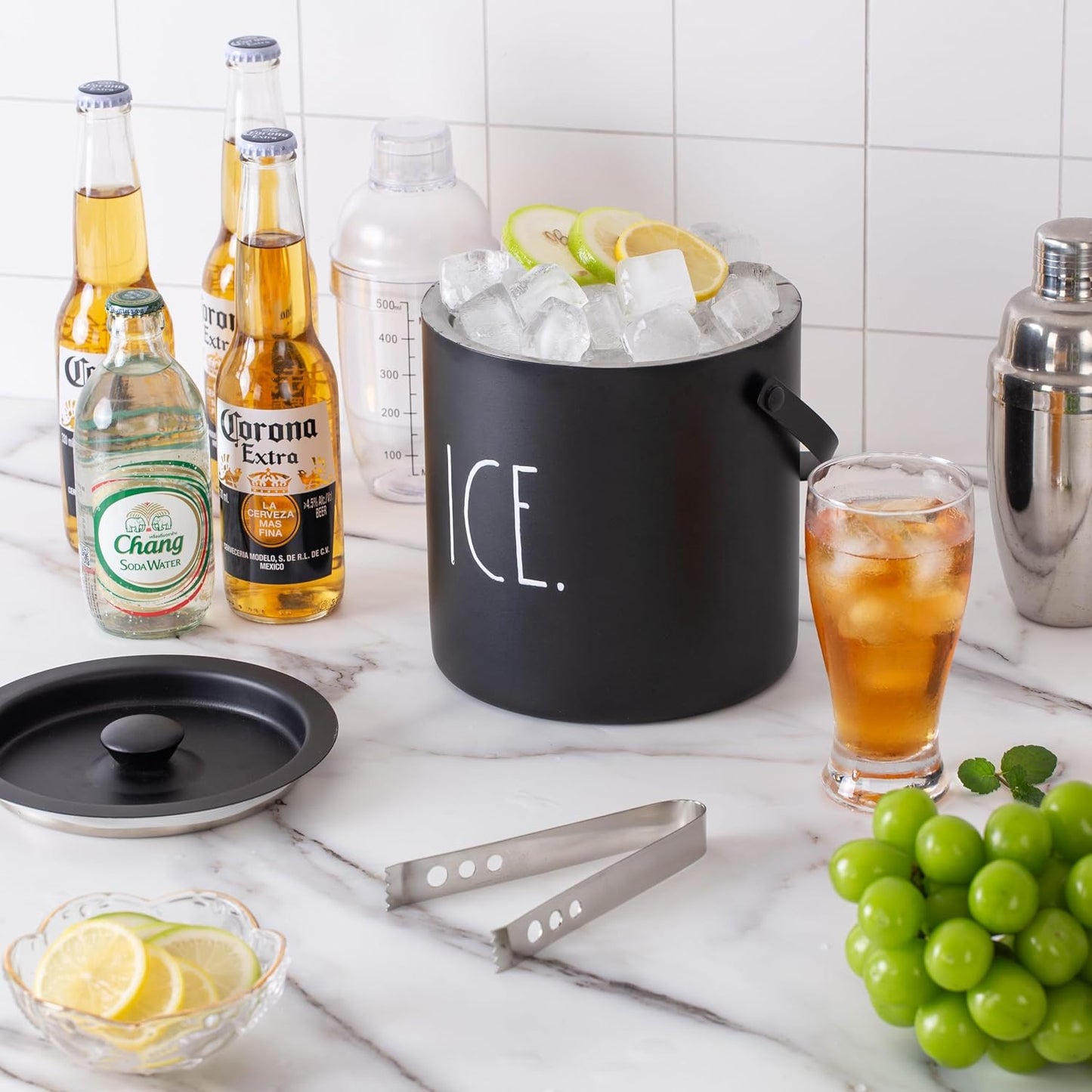 Rae Dunn Ice Bucket with Scoop - Stainless Steel Bucket with Handle, Lid and Ice Scooper - 4 Qt. Storage Bin for Ice Cubes for Bars, Parties, Backyard Barbeques, Picnics, and Camping (Black)