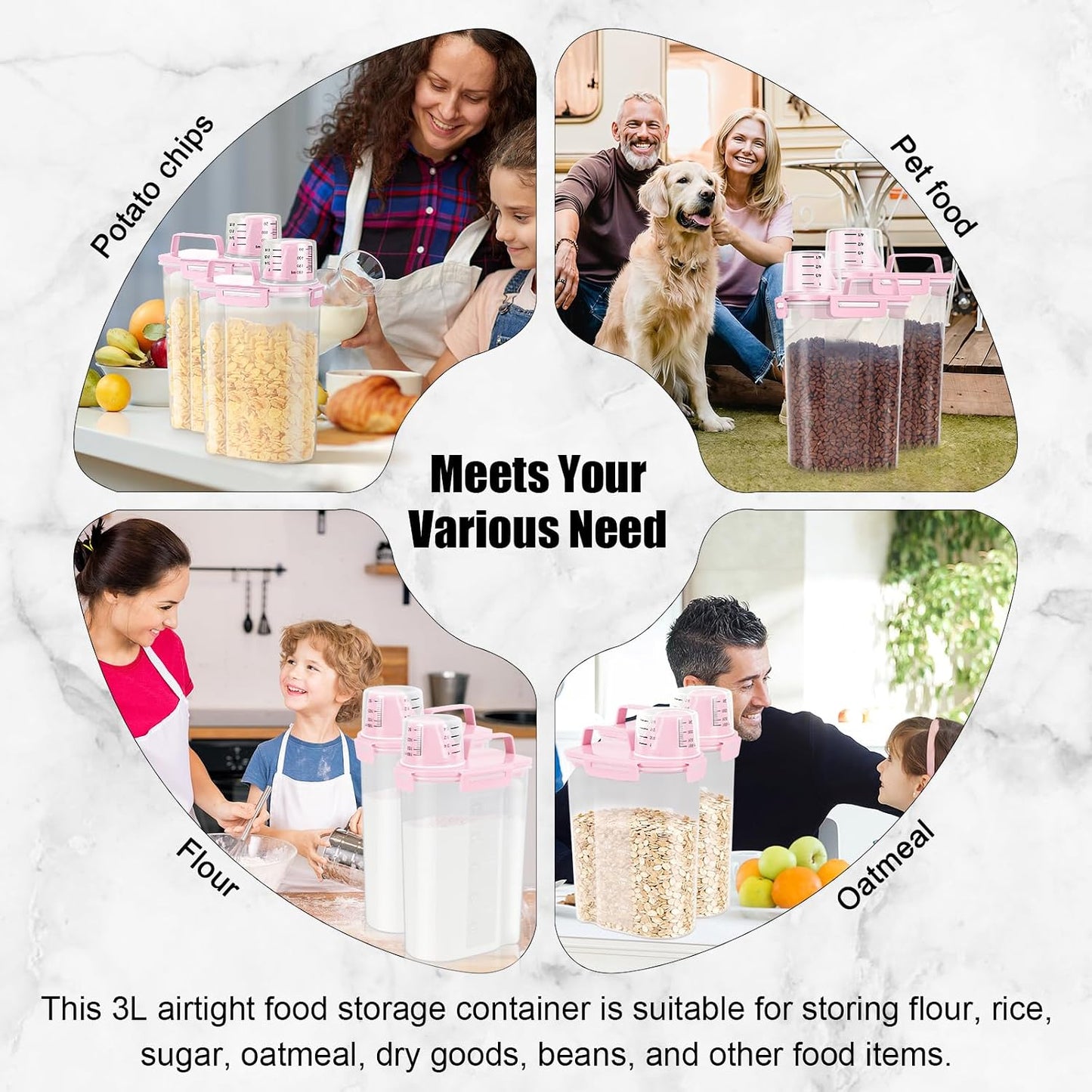 LEAWALK Airtight Rice Storage Container, 3-5Lbs Cereal Dry Food Flour Bin, Pet Dog Cat Food Dispenser with Measuring Cup, BPA Free Plastic Kitchen and Pantry Organization Bin for Sugar-Clear Grey
