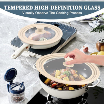 Universal Lid for Pots Pans and Skillets,Replacement Pan Lid with Tempered Glass and Heat-Resistant Silicone Edge,Durable Frying Pan Cover (7",8",9" & 10",11",12"-White)