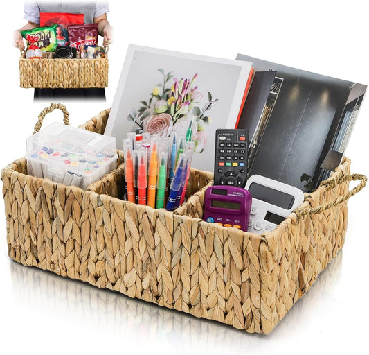 Divided Water Hyacinth Storage Basket, 4 Section Natural Wicker Storage Bin, Woven Storage Organizer with Handle, Large Basket for Shelves Countertop Bathroom Pantry, 16" L x 10.5" W x 5.5" H
