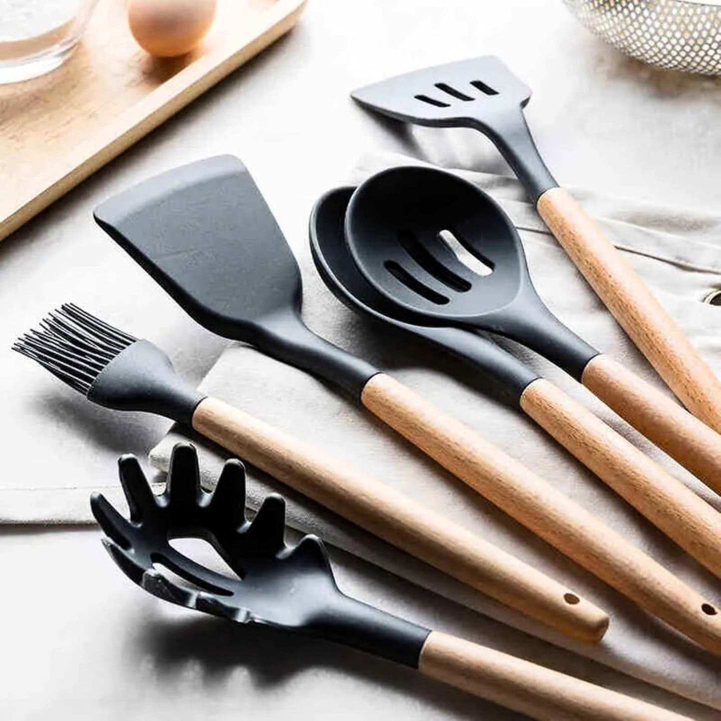 33-Piece Silicone Kitchen Utensil Set with Holder – Heat Resistant up to 446°F, Non-Stick Cooking Tools with Wooden Handles, Measuring Cups, Spatulas, Tongs, Whisk & More