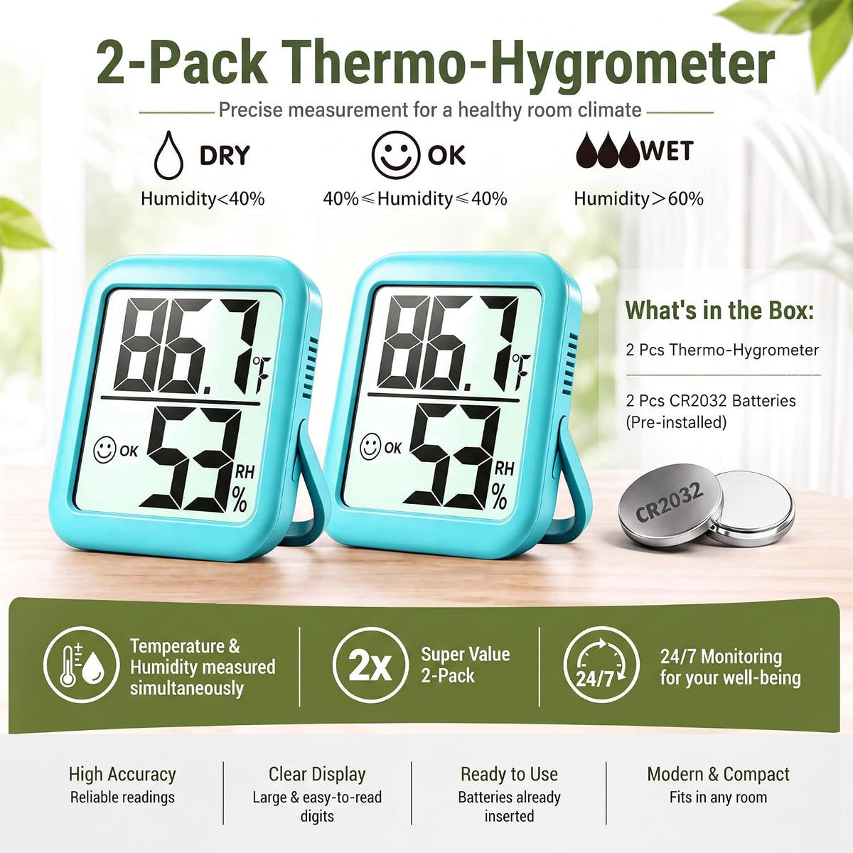 Antonki 2 Pack Room Thermometer Indoor Hygrometer