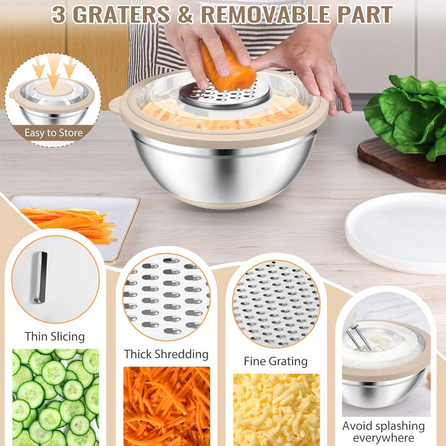 P&P CHEF 4-In-1 Stainless Steel Colander with Bowl Set, Rotatable Strainers for Kitchen, Fruit Cleaner, Washing Fruit & Draining Pasta, Mixing Bowl and Lid with Grater for Salad, Black